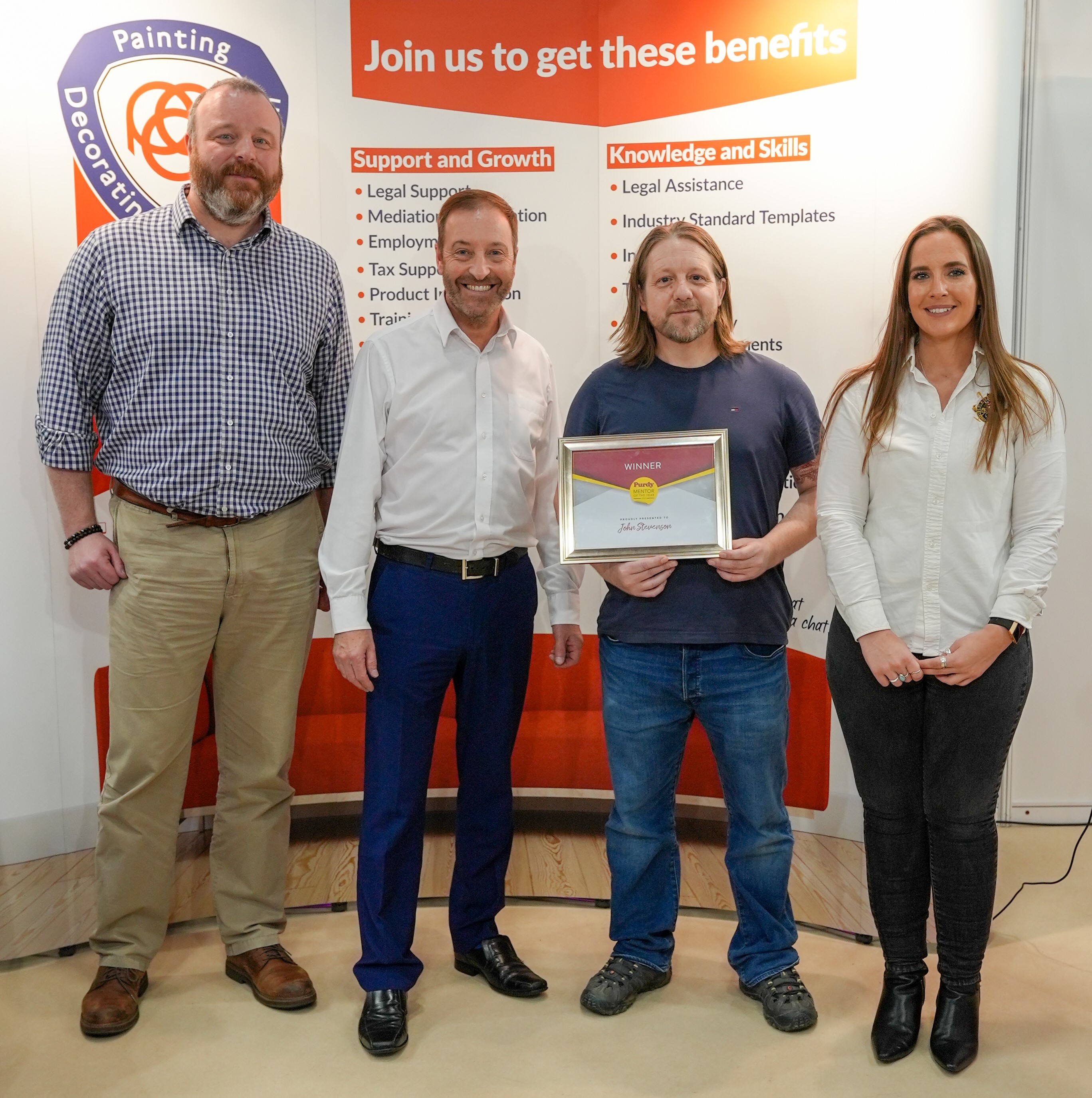 (L-R): Andy Cummins (Sherwin Williams Senior Trade Brands Product Manager), Neil Ogilvie (Painting and Decorating Association CEO), John Stevenson (Leeds College of Building Lecturer), and Laura Hettenbach (Sherwin Williams Senior Trade Brands Campaign Manager).