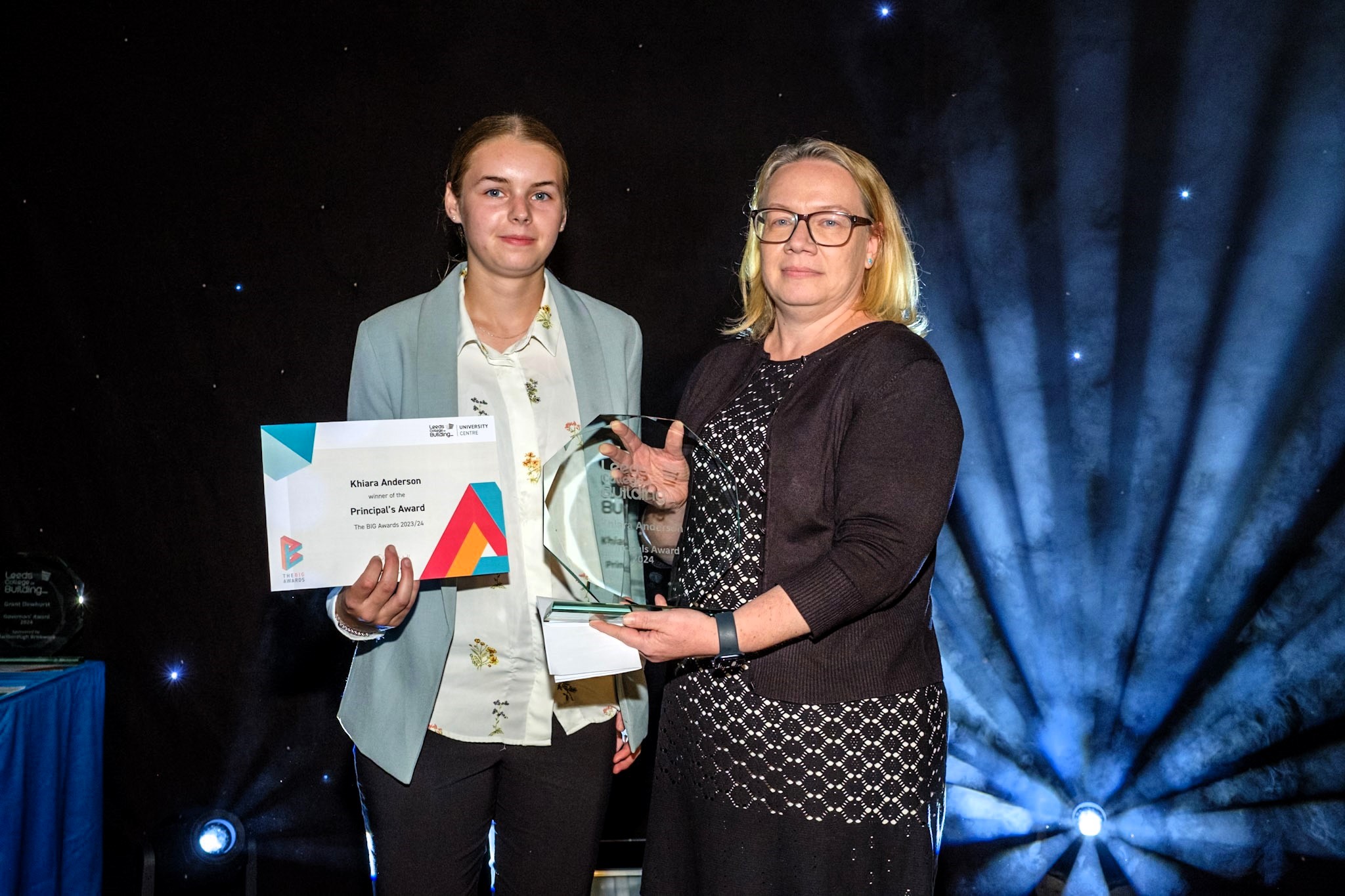 Khiara Anderson, winner of the Principal's Award, with Nikki Davis, Principal & CEO of Leeds College of Building