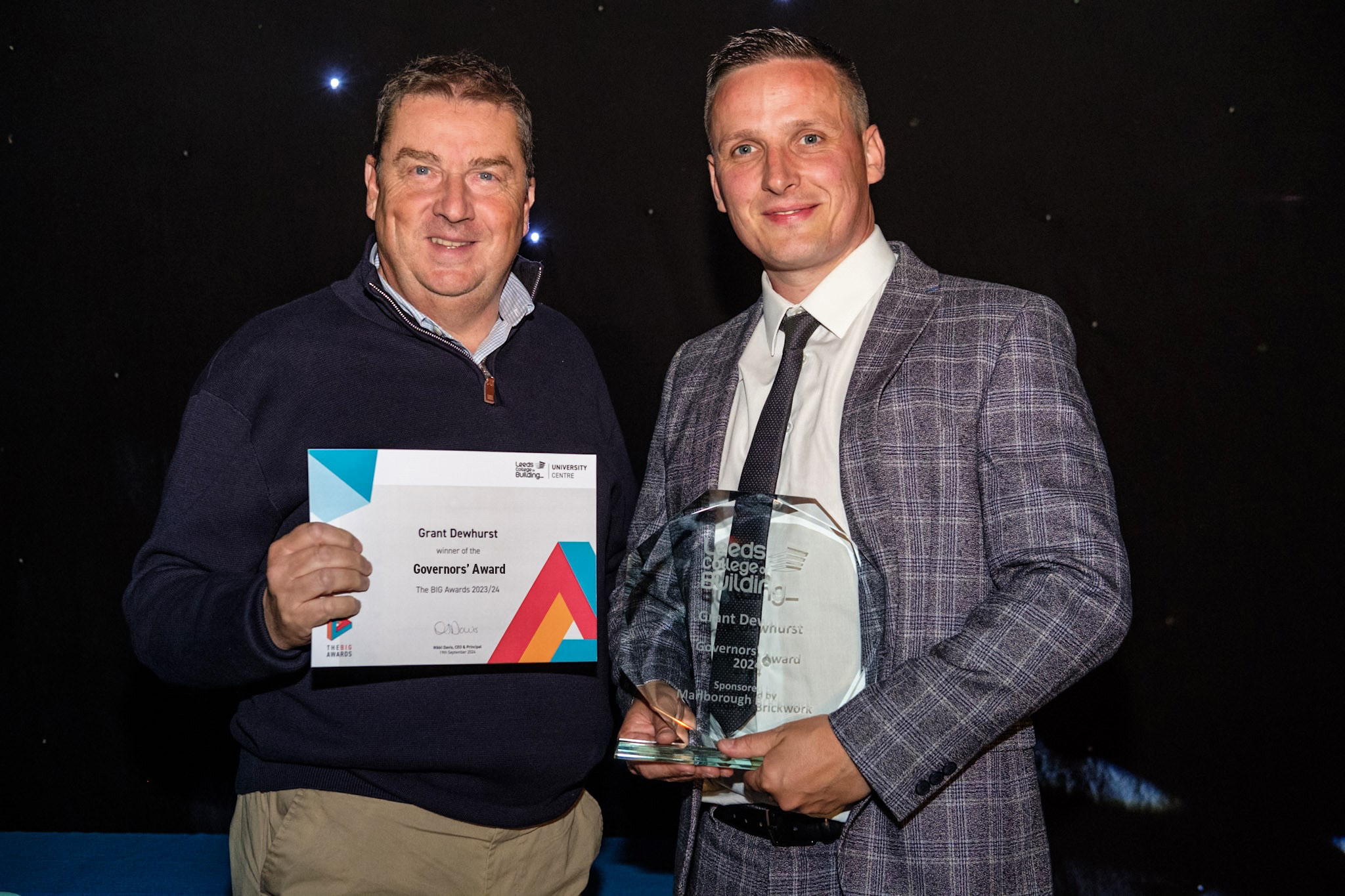 Mark Roper, Chair of the Corporation, with Grant Dewhurst, winner of the Governors' Award - sponsored by Marlborough Brickwork