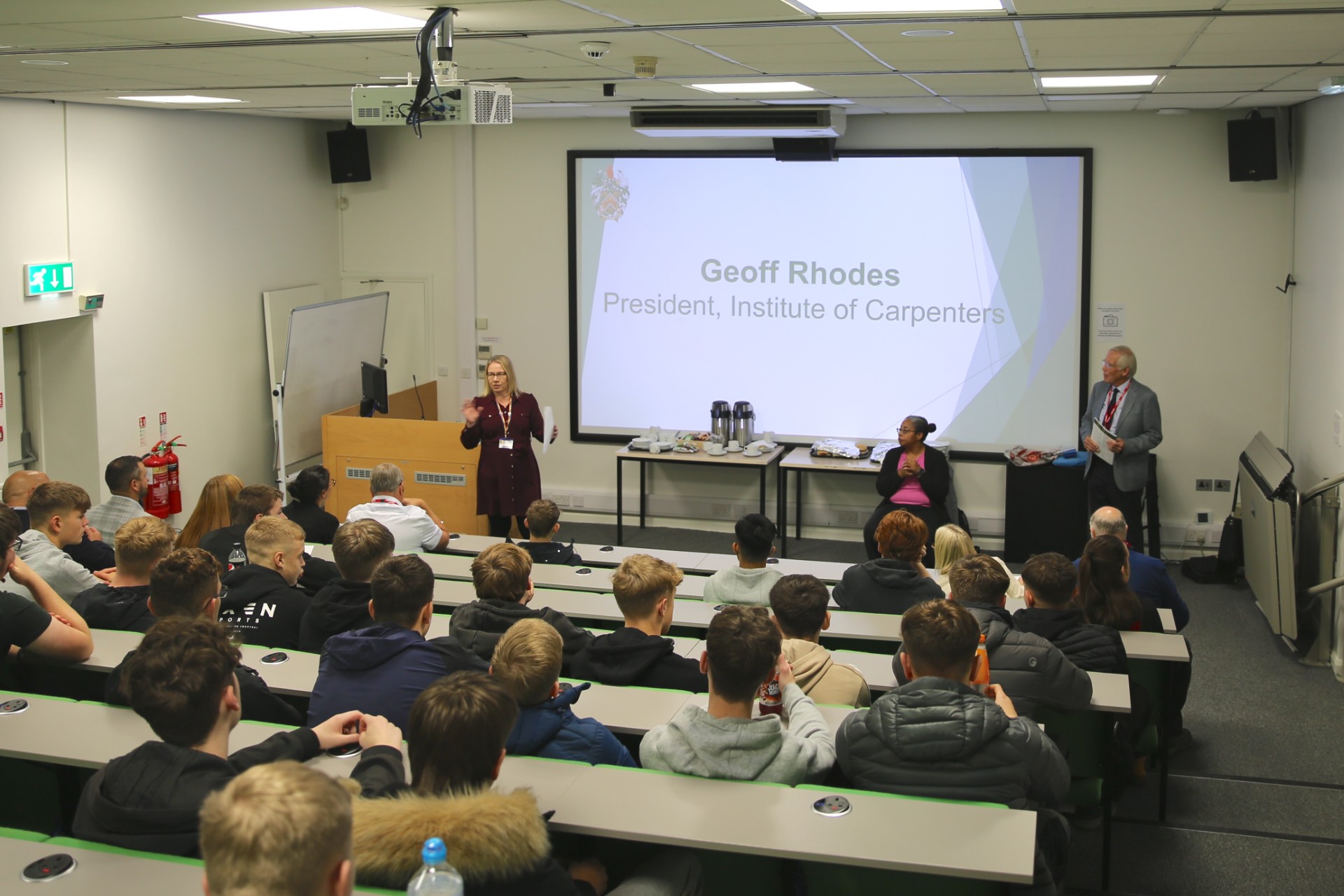 Nikki Davis, Principal and CEO of Leeds College of Building, introduces Geoff Rhodes, the president of the Institute of Carpenters