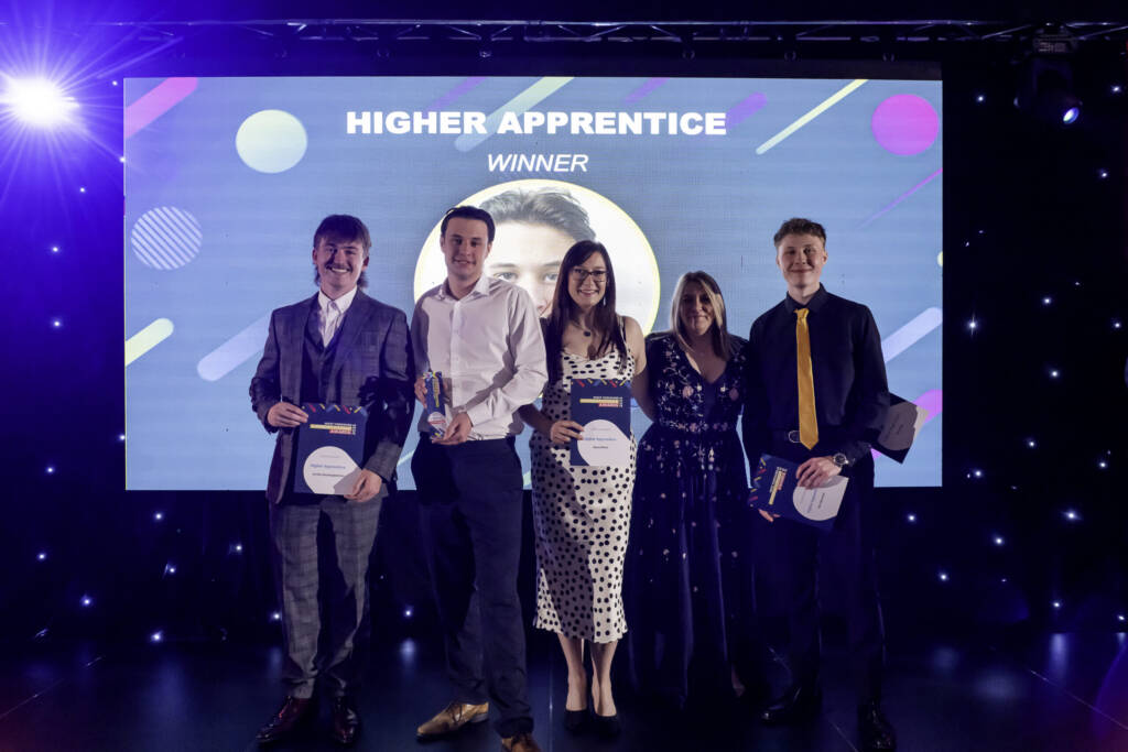 This is a photo of LCB students collecting their awards at the 2025 West Yorkshire Apprenticeship Awards.