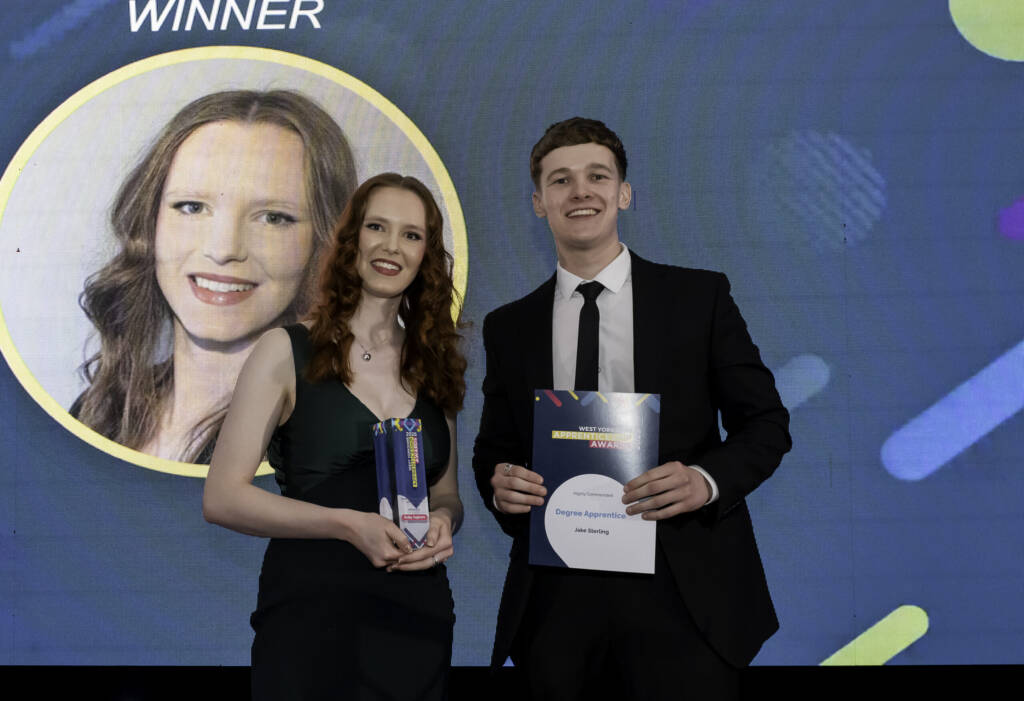 This is a photo of LCB students collecting their awards at the 2025 West Yorkshire Apprenticeship Awards.