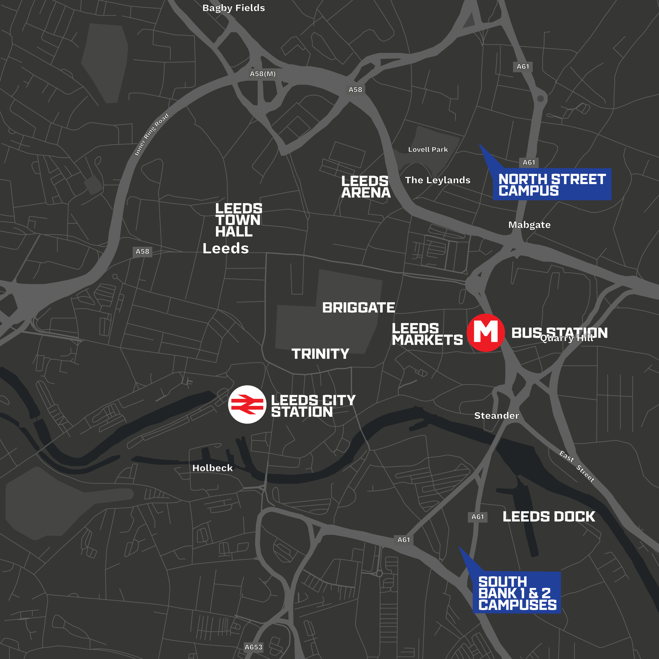 This image depicts a map of Leeds, it shows the locations of Leeds College of Buildings North Street and South Bank campuses. It also shows other Leeds locations such as Leeds Town Hall, Leeds Arena, Briggate, Trinity shopping centre, Leeds Market, Leeds Dock and Leeds Bus Station.