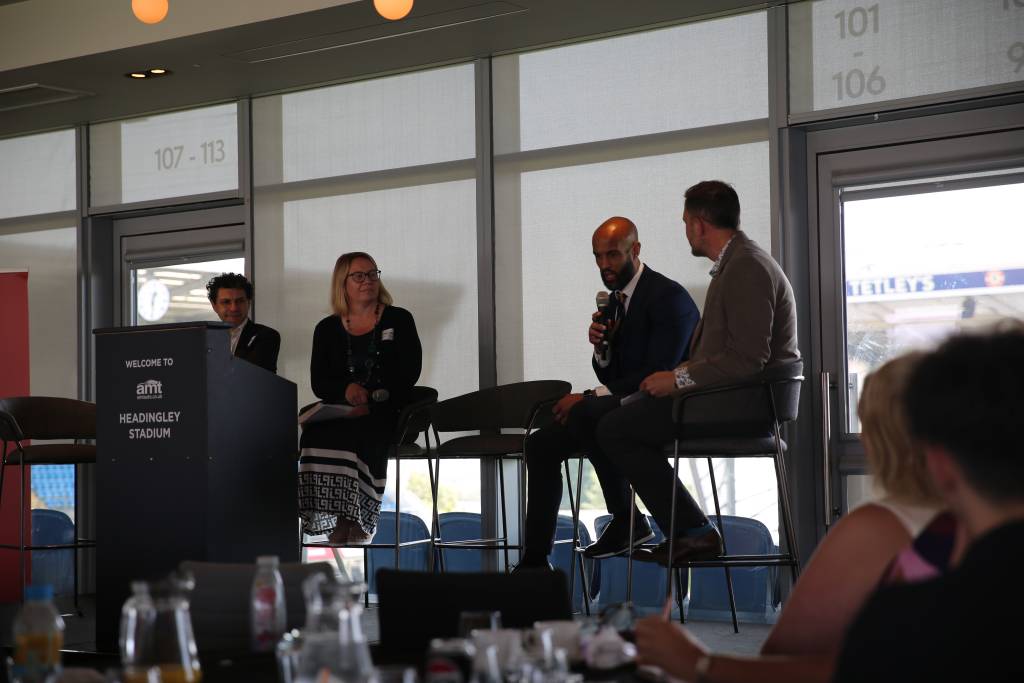 Panel discussion with Nikki Davis (LCB CEO and Principal), Alex Sobel (MP for Leeds Central and Headingley), Colin Buckle (Associate Technical Director at Arcadis) and Jamie Jones-Buchanan, MBE (CEO of Leeds Rhinos)