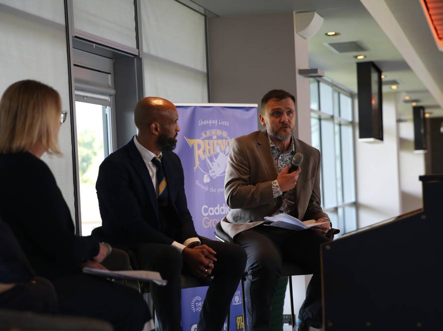 Panel discussion with Nikki Davis (LCB CEO and Principal), Alex Sobel (MP for Leeds Central and Headingley), Colin Buckle (Associate Technical Director at Arcadis) and Jamie Jones-Buchanan, MBE (CEO of Leeds Rhinos)