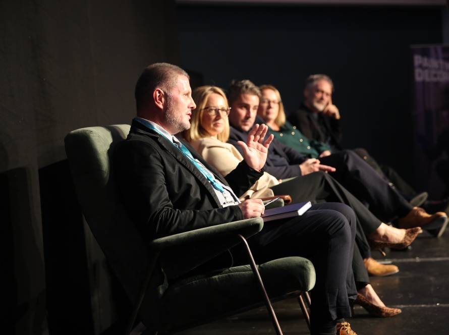 David McDougal of South Yorkshire Mayoral Combined Authority, Gillian Wallace of Leeds City Council, Michael Johnson of Persimmon Homes, LCB CEO & Principal Nikki Davis, and David Nugent of Canopy Housing.