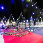 The photo features several glass trophies presented in rows on a table on the main stage of the award venue.